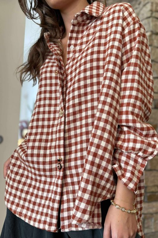 Zeta Otto Brushed Cotton Plaid Shirt Rust Ecru